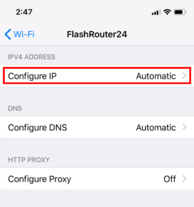 Check Static IP Network Settings on iOS Mobile Device and set Configure IP to Automatic