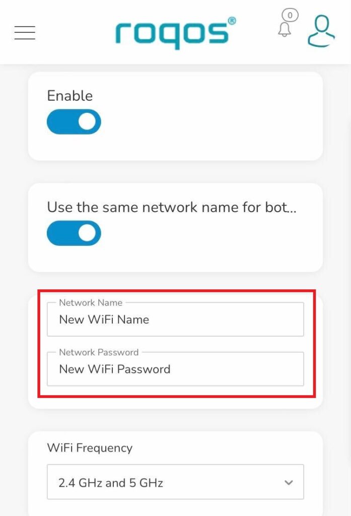 Roqos WiFi Settings - Enter new name and password Roqos WiFi Settings - Enter new name and password